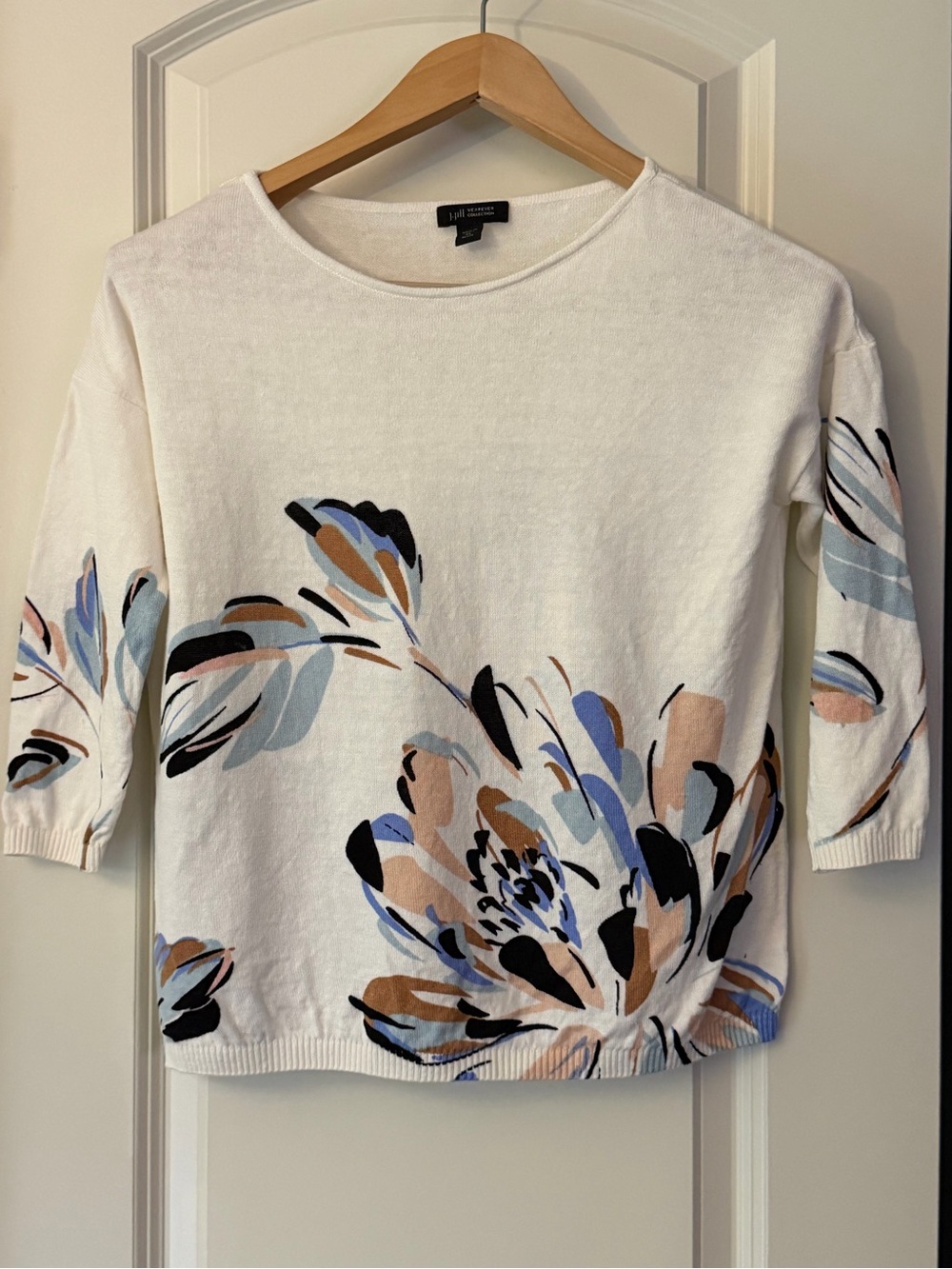 J. Jill White linen modal blend Sweater Floral accents elbow sleeves petite XS
